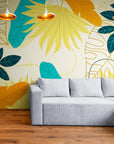 Papier Peint Art & Déco - Feuillage Tropical Bleu Jaune Et Blanc