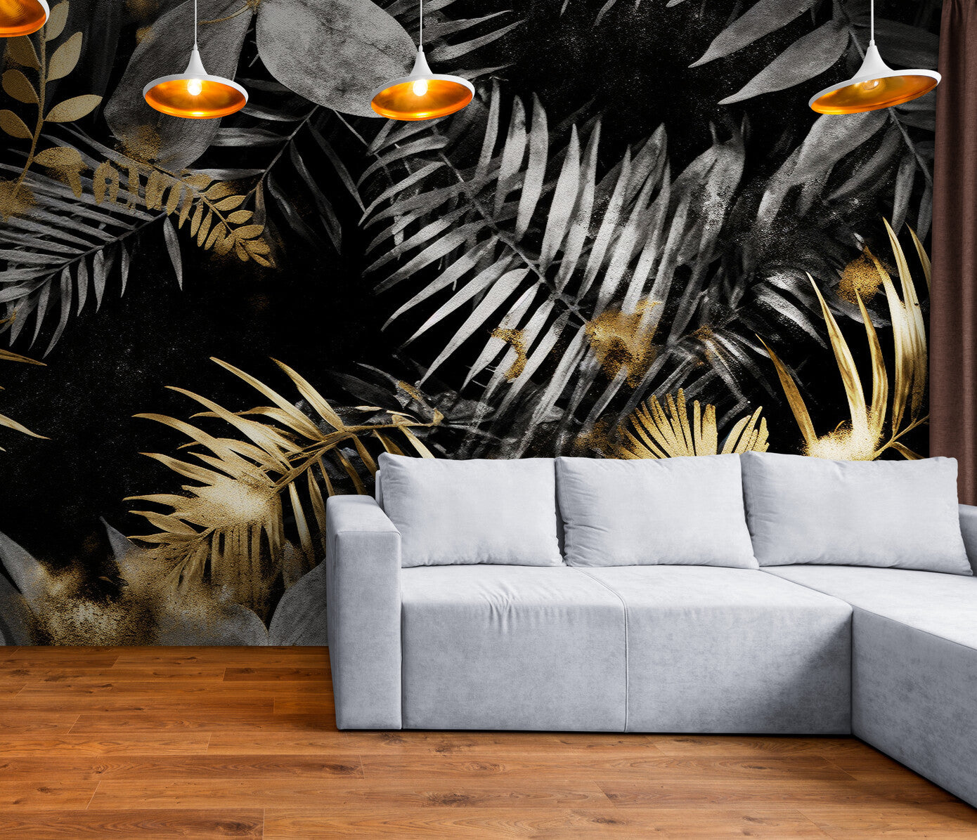 Papier Peint Tropical - Feuillage Doré et Noir Élégant