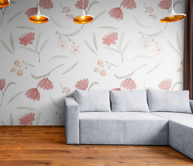 Papier Peint Floral - Fleurs Sur Fond Blanc
