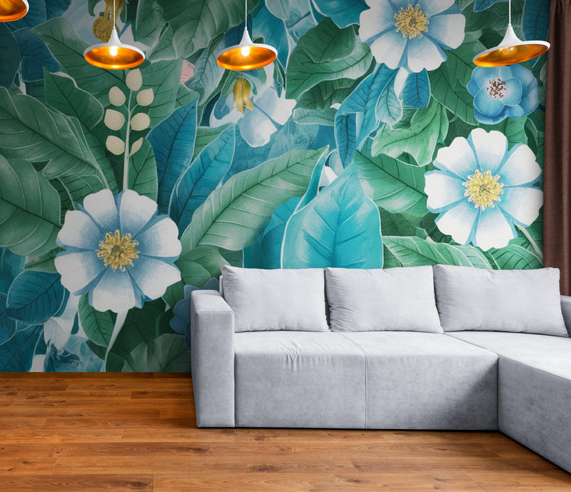 Papier Peint Floral - Fleurs Bleues Et Feuilles Vertes