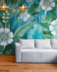 Papier Peint Floral - Fleurs Bleues Et Feuilles Vertes