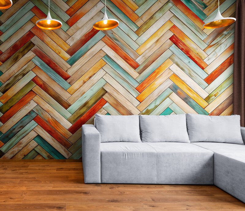 Papier Peint Bois - Chevron Coloré