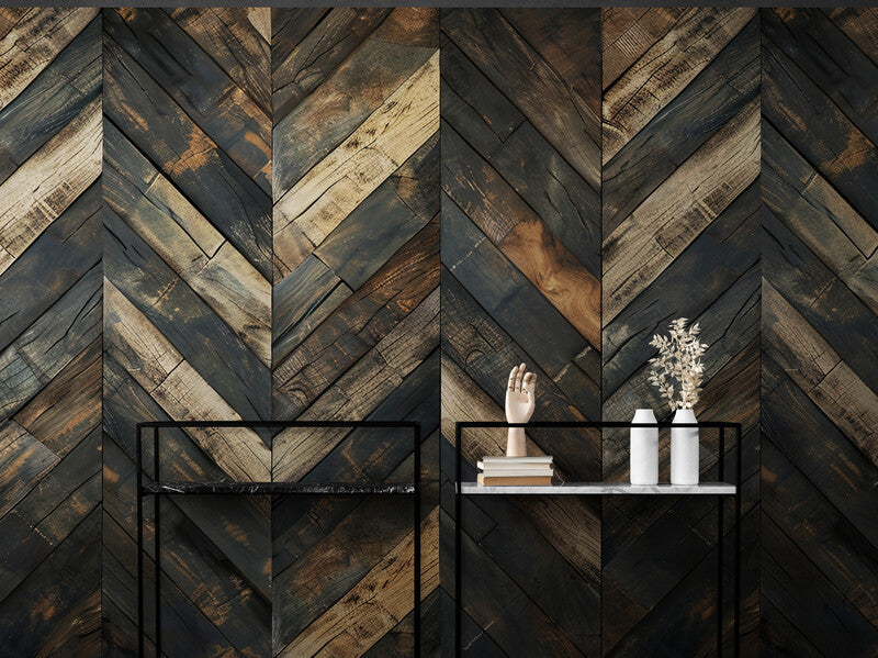 Papier Peint Bois - Chevron Patiné