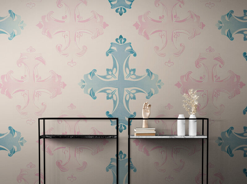 Papier Peint Baroque - Bleu Et Rose