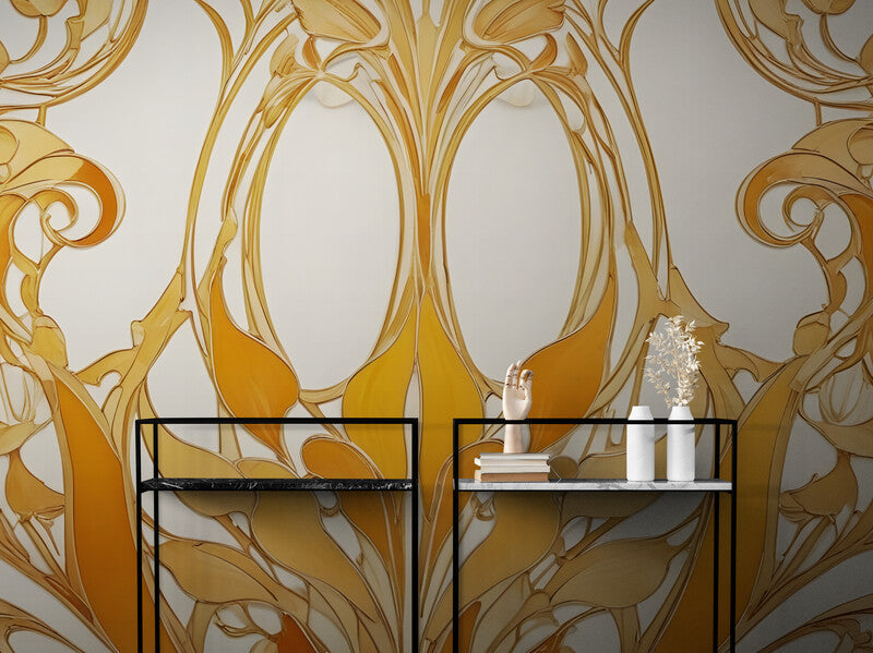 Papier Peint Baroque - Orange Et Doré