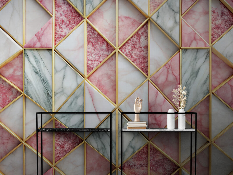 Papier Peint Design - Motifs Géométriques En Marbre Rose Et Blanc