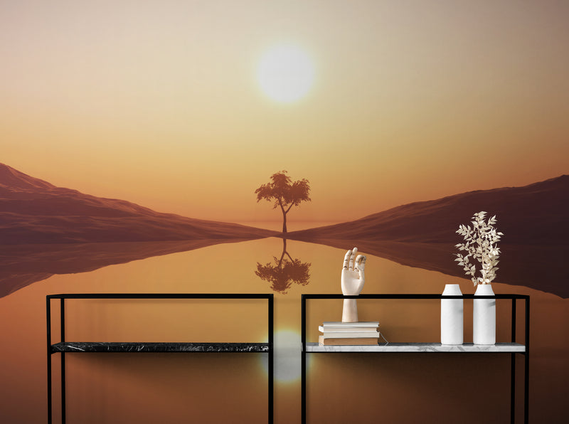 Papier Peint Paysage - Coucher De Soleil Lac Et Palmier