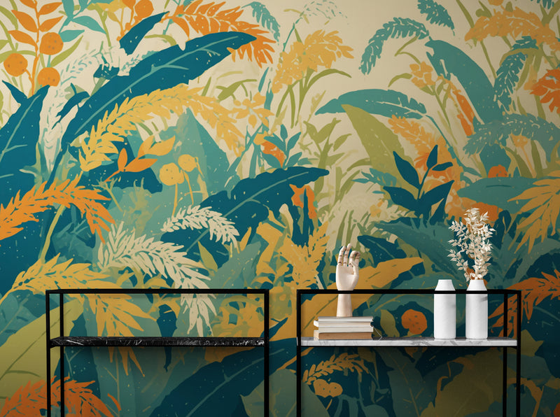 Papier Peint Abstrait - Feuillage Vert Et Orange