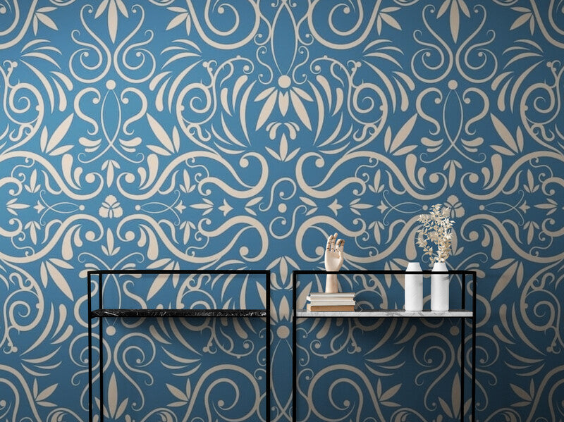 Papier Peint Baroque - Treillis Bleu Et Blanc