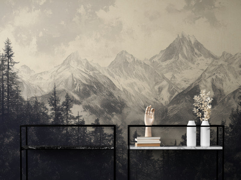 Papier Peint Vintage - Montagne Et Forêt