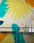 Papier Peint Art & Déco - Feuillage Tropical Bleu Jaune Et Blanc