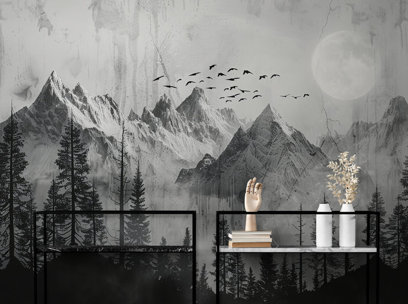 Papier Peint Noir Et Blanc - Montagne Pleine Lune