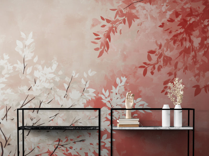 Papier Peint Japonais - Feuillage Blanc Et Rose