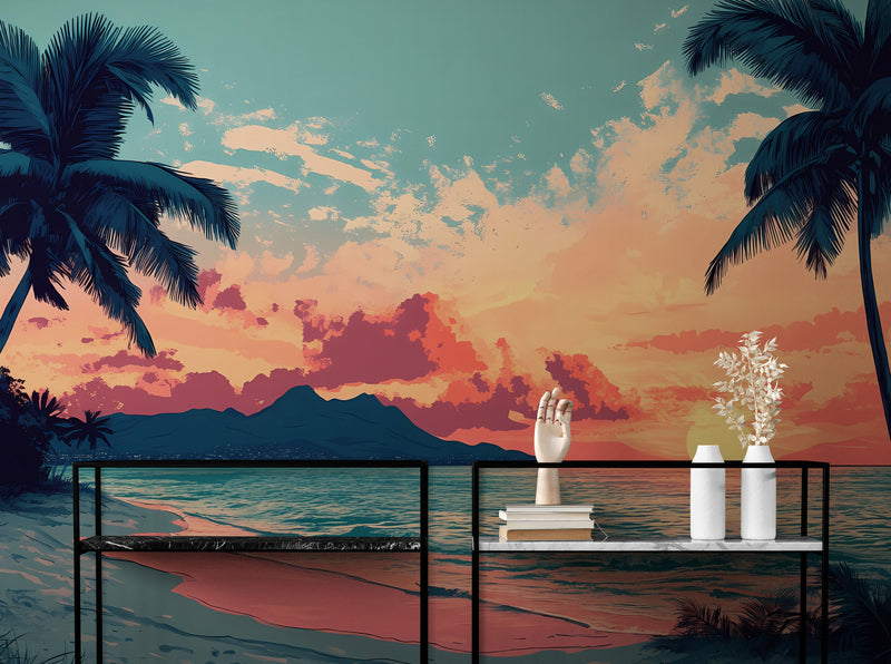 Papier Peint Rétro - Plage Coucher De Soleil