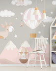 Papier Peint Enfant - Montgolfières Et Montagnes Roses