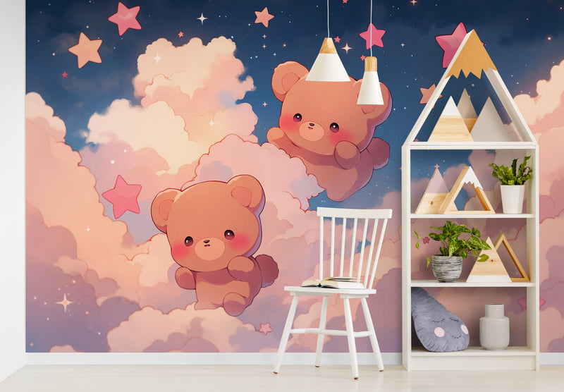 Papier Peint Enfant - Oursons Dans Les Nuages