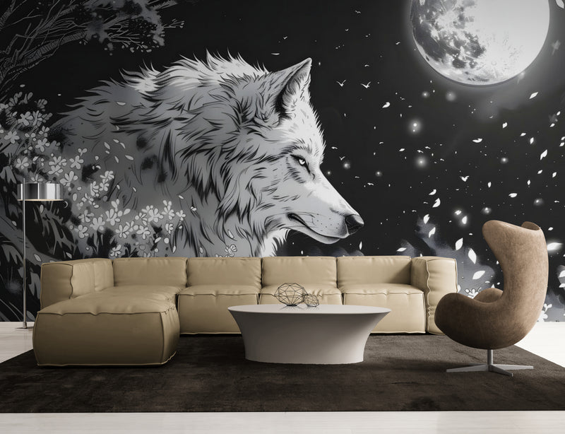 Papier Peint Japonais - Pleine Lune Et Loup