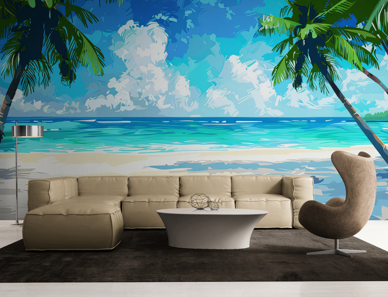 Papier Peint Aquarelle - Plage Paradisiaque