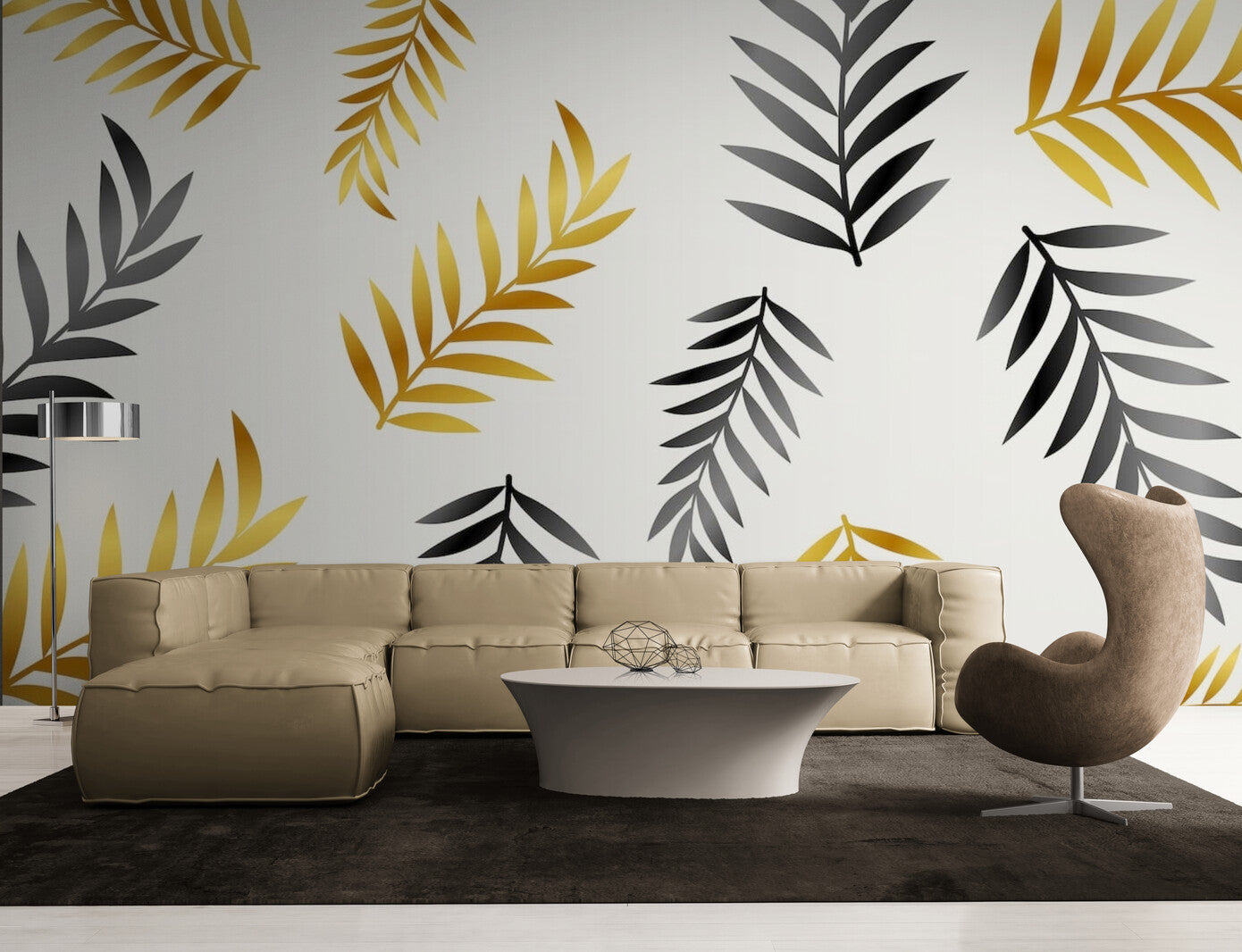 Papier Peint Géométrique - Palmes Dorées Élégantes
