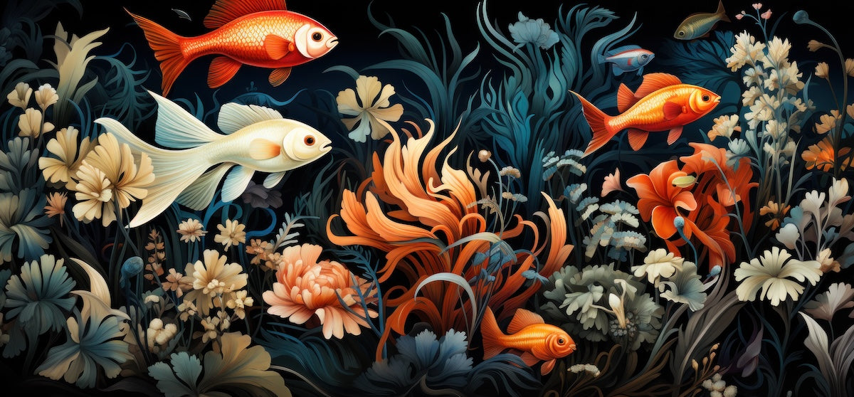 Papier peint animaux - poissons rouges et carpes koï dans les algues