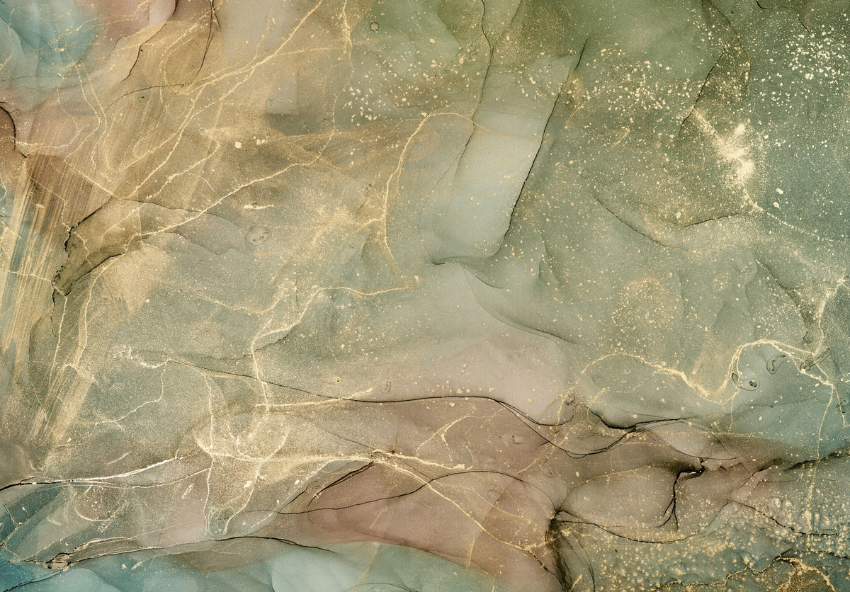 Papier peint abstrait - Marbrures beige et vert pâle aux reflets dorés