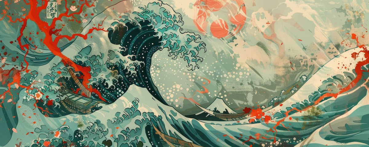 Papier peint nature - grande vague japonaise et carpe koï