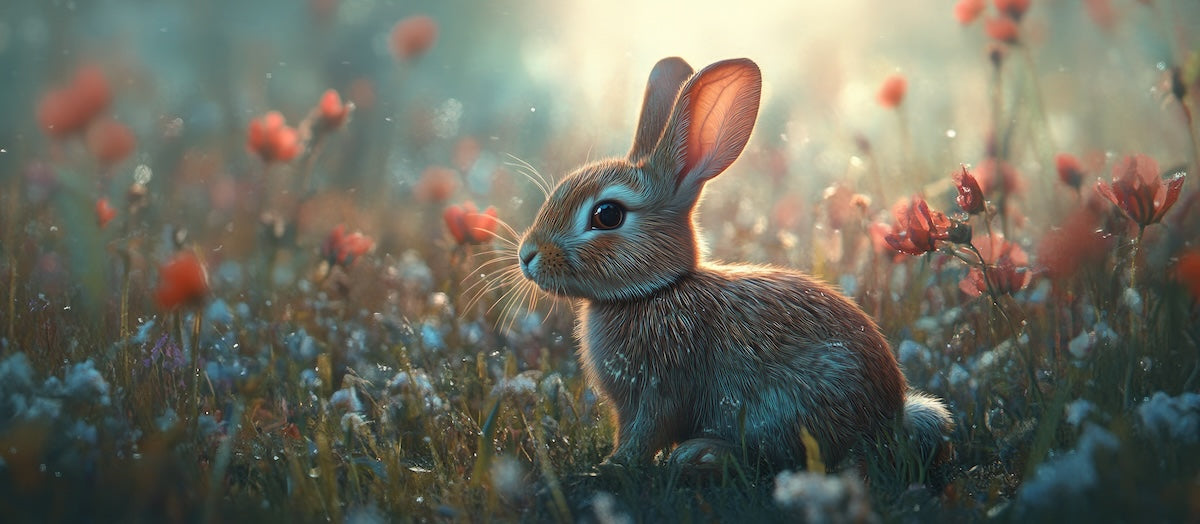 Papier peint animaux - petit lapin dans un champ de fleurs