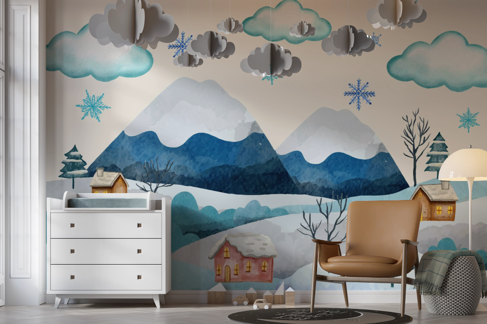 Papier peint enfants - paysage de montagne enneigée et flocons