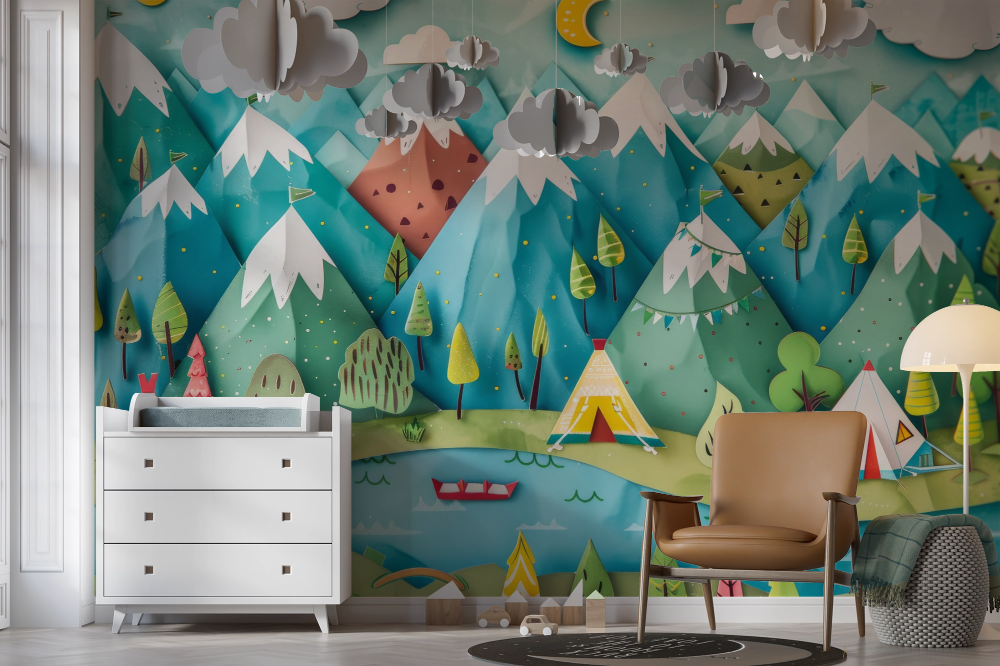 Papier peint enfants - tentes de camping près du lac
