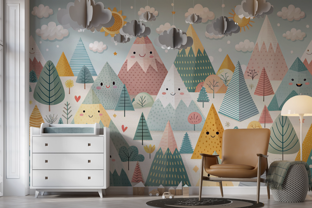 Papier peint enfants - sommets graphiques et sapins pastel