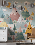 Papier peint enfants - sommets graphiques et sapins pastel