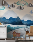 Papier peint enfants - paysage de montagne enneigée et flocons