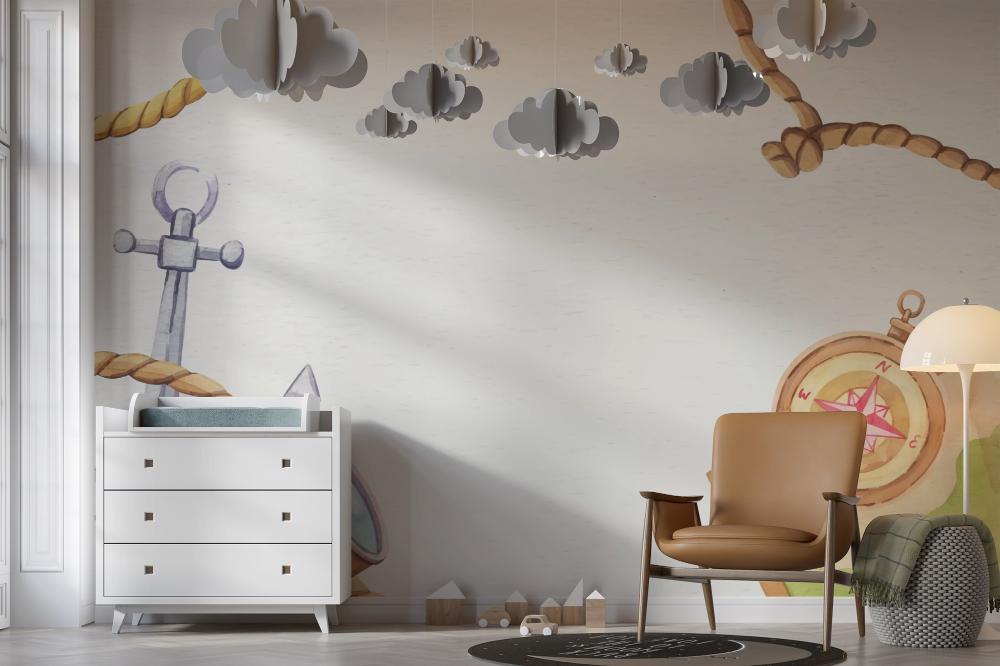 Papier peint enfants - boussole et cordages style pirate