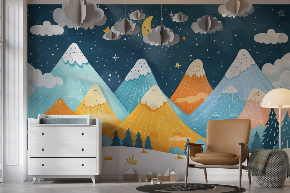 Papier peint enfants - montagnes bleues et ciel étoilé