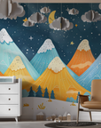 Papier peint enfants - montagnes bleues et ciel étoilé