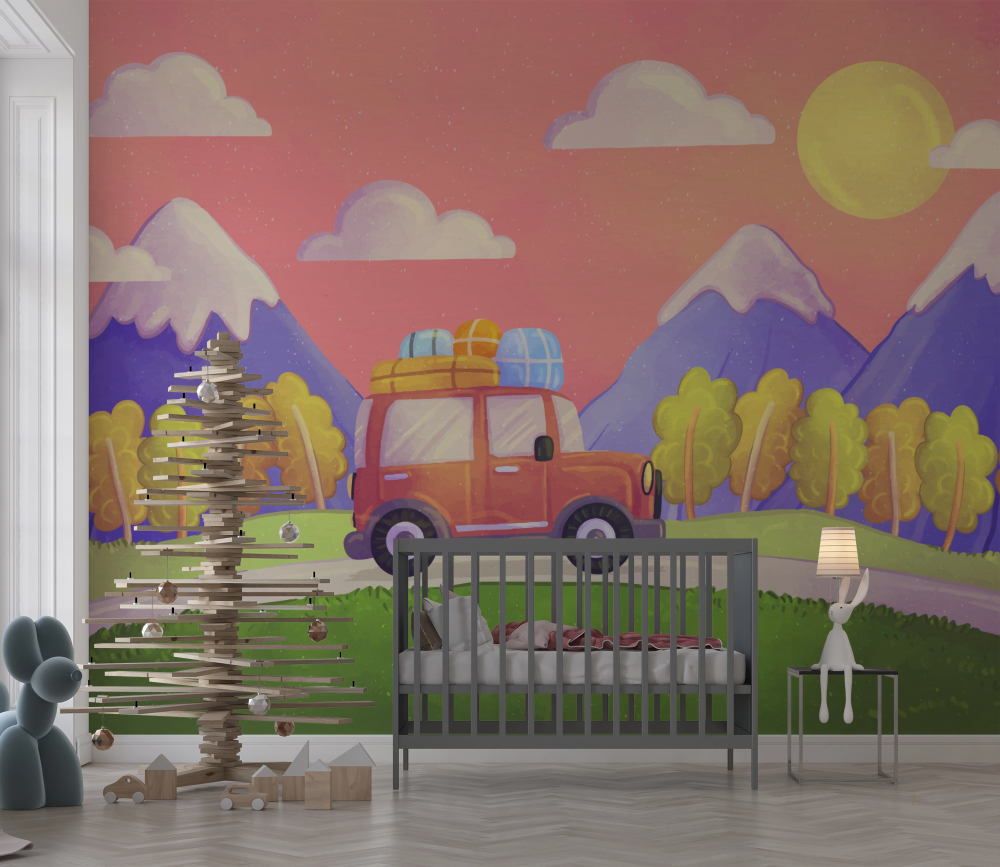 Papier peint enfants - van vintage sur une route de montagne