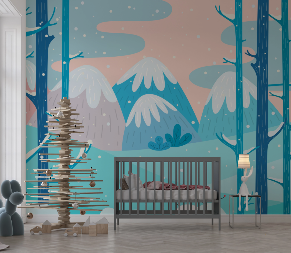 Papier peint enfants - forêt de sapins bleus enneigés