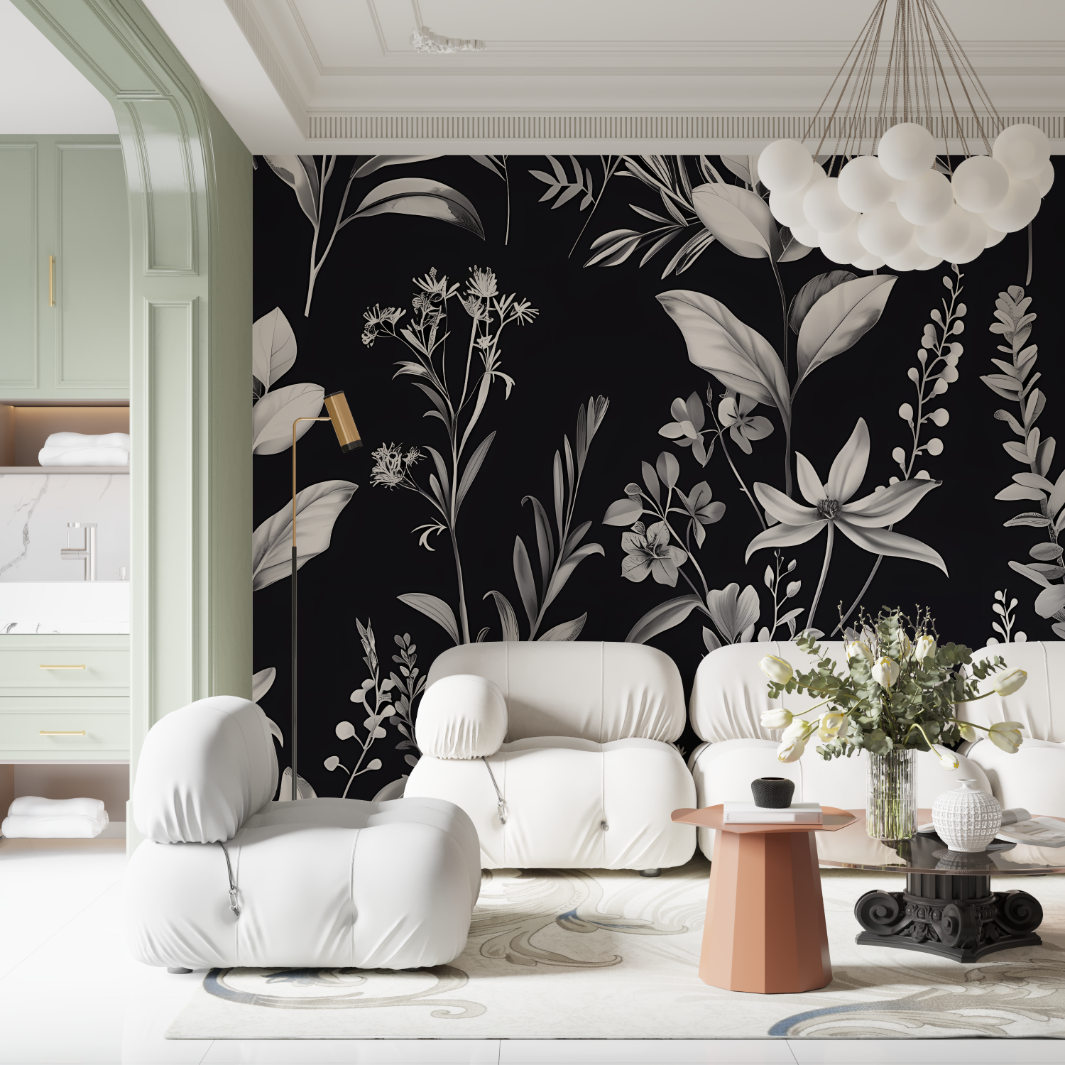 Papier Peint Floral - Jardin Sauvage Noir et Blanc
