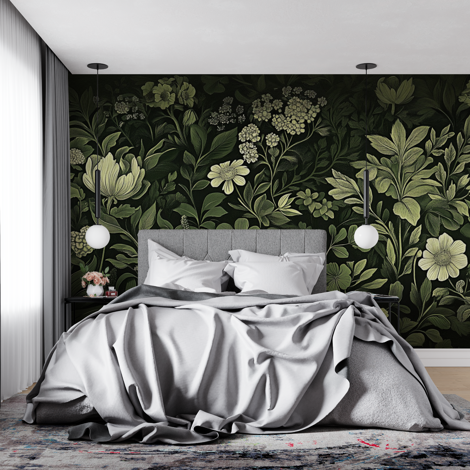 Floral Wallpaper - Olive Green Night Flower Garden