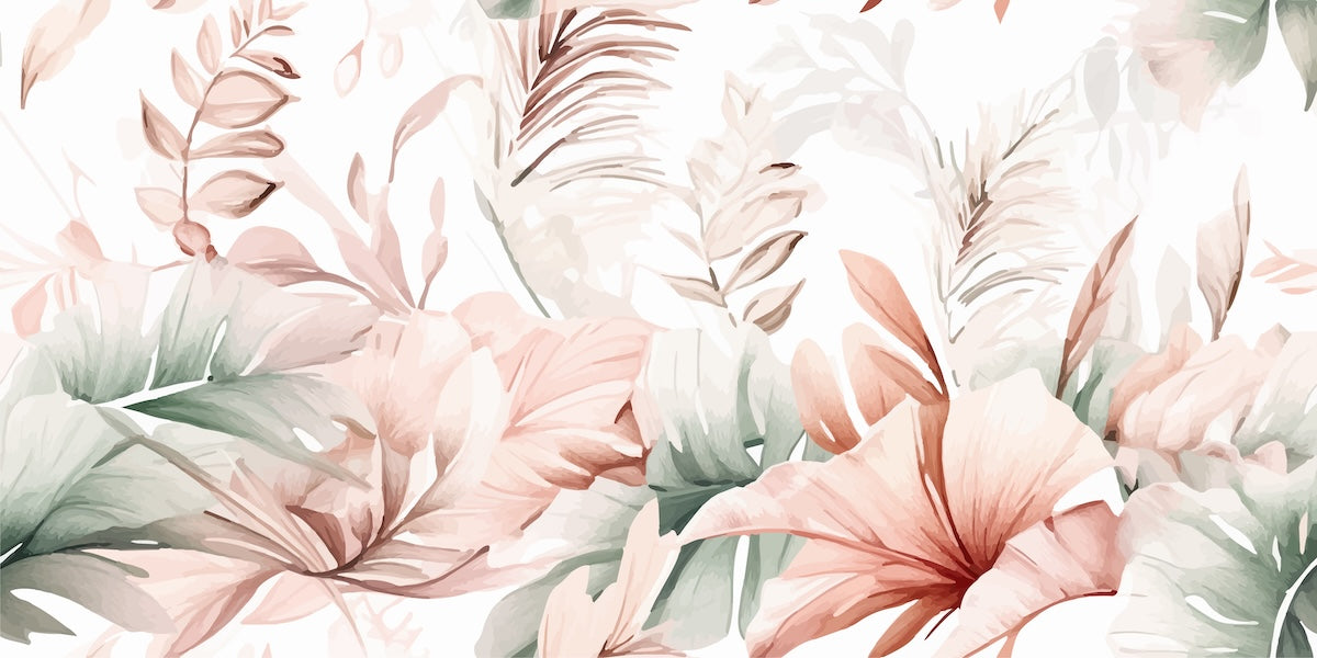 Papier peint fleuri - feuillage tropical pastel