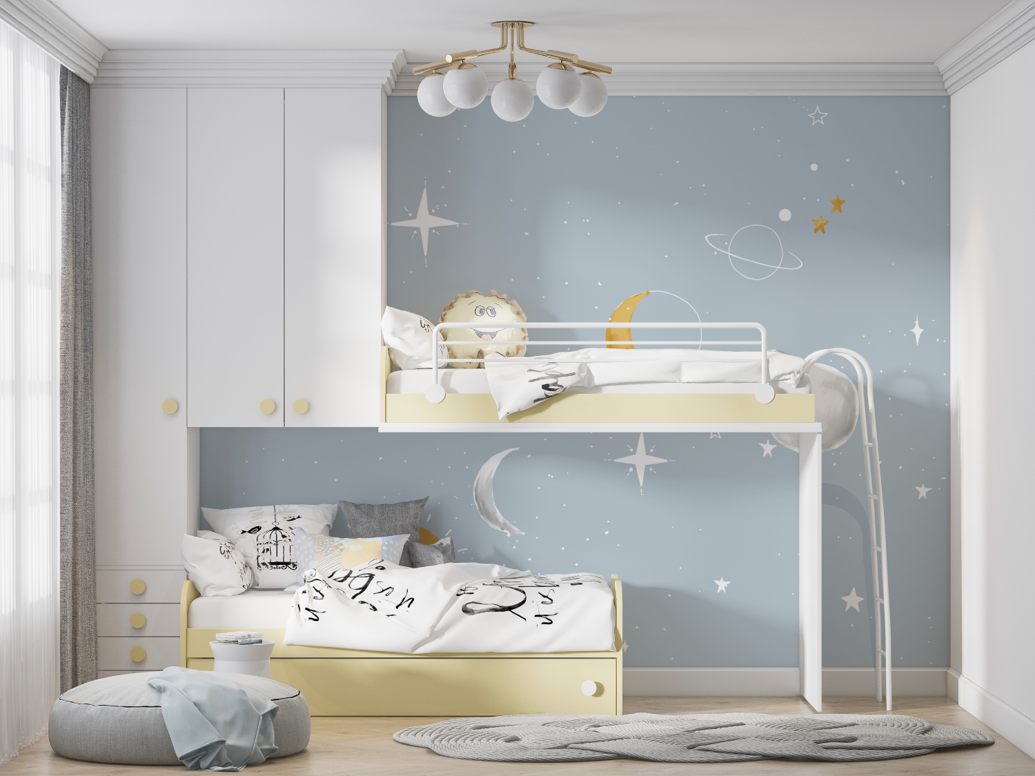Papier Peint Enfant - Ciel Étoilé, Lune et Nuages Bleus