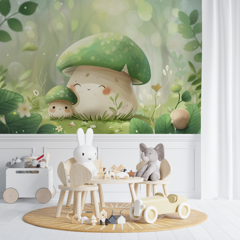 Children's Wallpaper - Mushroom Family in the Bright Forest