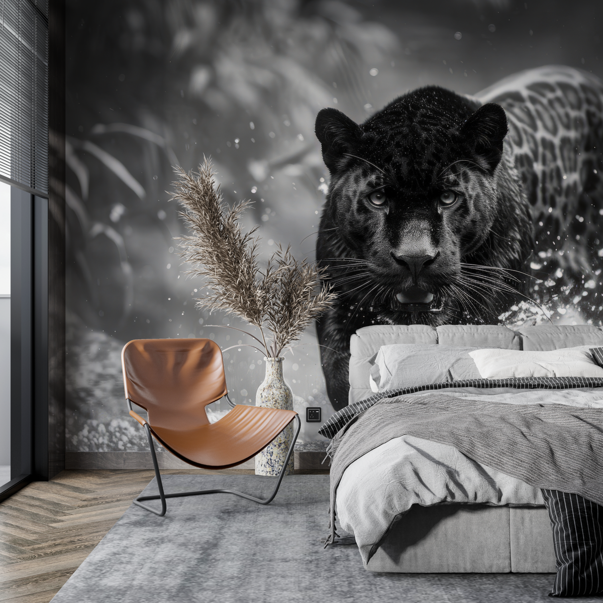 Behang met dieren - Luipaard in het water in zwart-wit