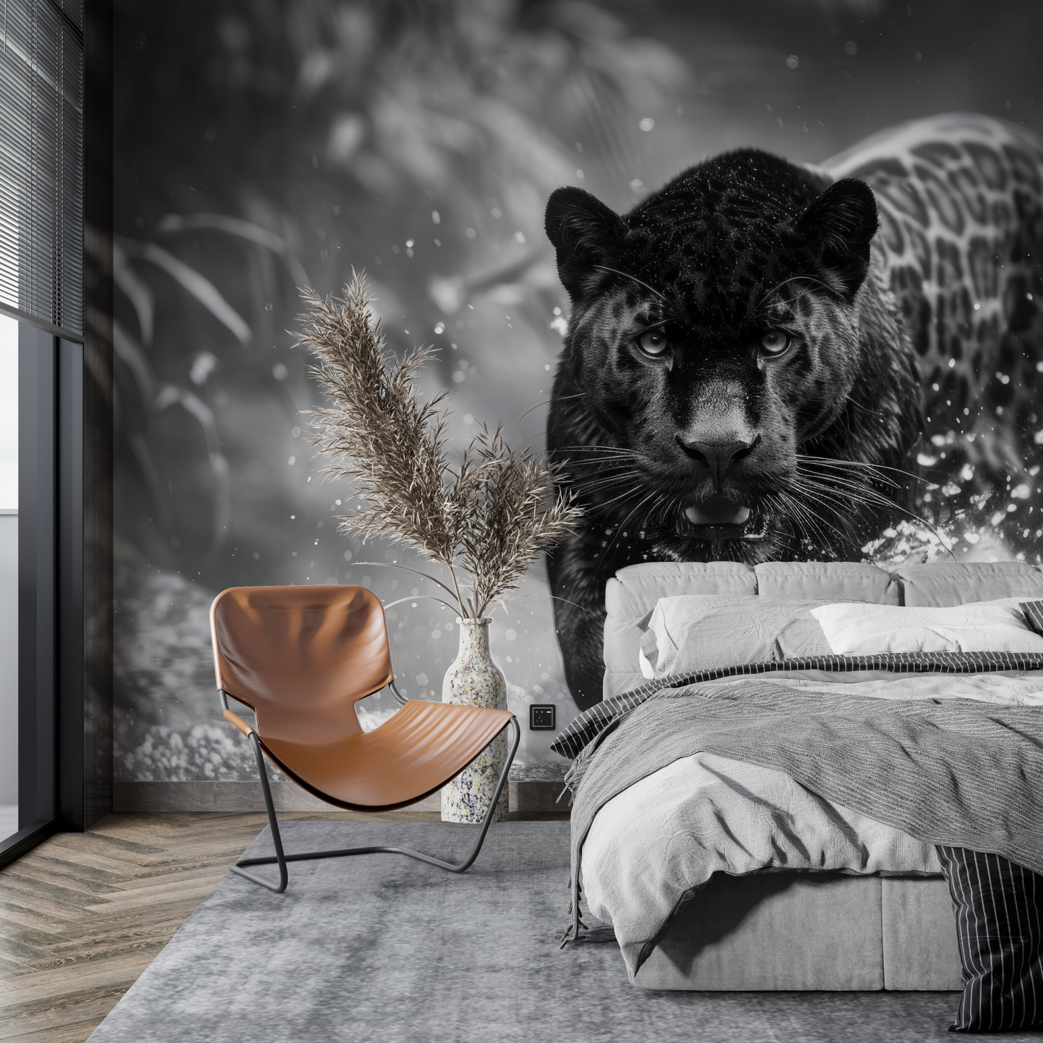 Papier Peint Animaux - Panthère Noire dans l'Eau Noir et Blanc