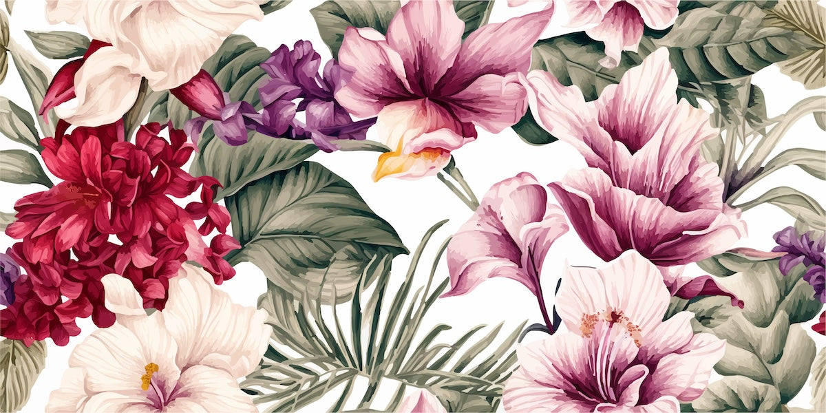 Papier peint fleuri - roses pourpres baroques