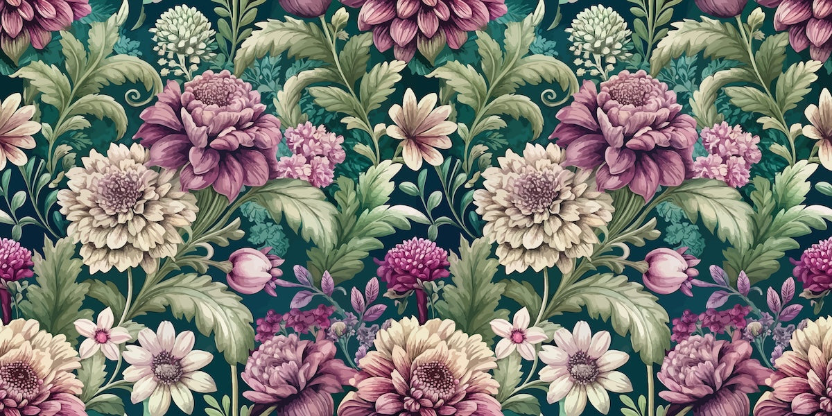 Papier peint fleuri - dahlias champêtres vintage