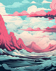 Landscape wallpaper – Pink mountains and stylized waves