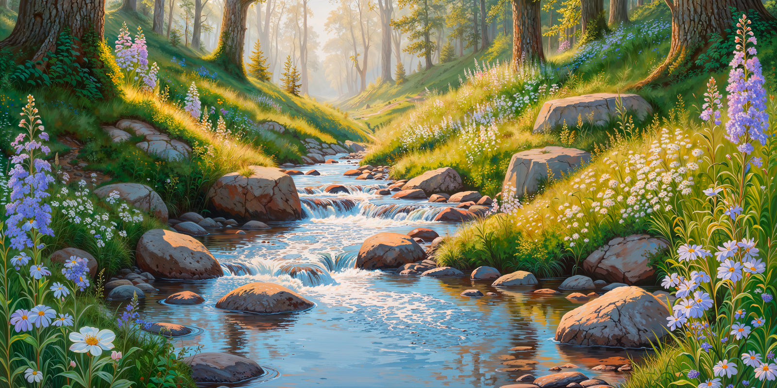 Papier peint forêt – Clairière enchantée et ruisseau fleuri