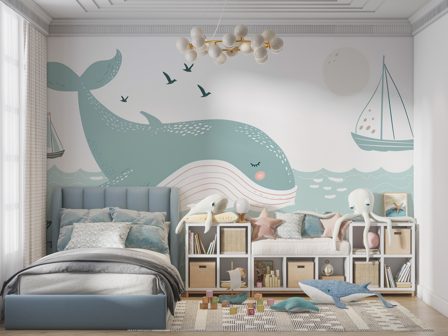 Children's Wallpaper - Dreamy Whale and Birds