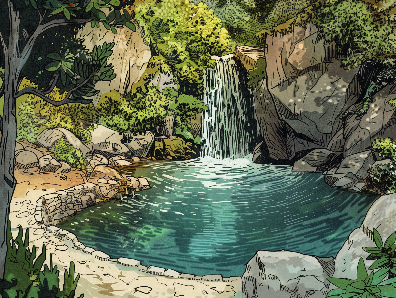 Illustrated wallpaper – peaceful waterfall in a verdant heart